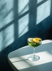 Close-up of a refreshing green drink with citrus garnishes, casting shadows