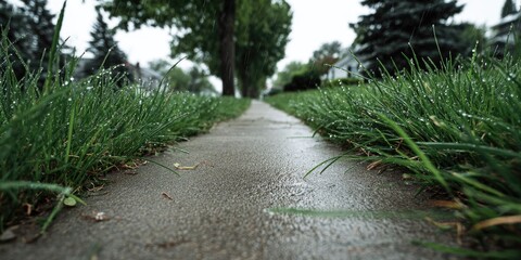 A low-angle shot showcases a wet sidewalk with grass on either side, leading towards distant trees