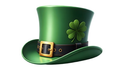 St patrick's day green top hat with shamrock isolated on transparent background