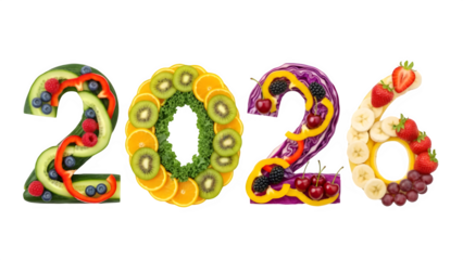 Healthy Lifestyle 2026 New Year Typography with Colorful Sliced Fruits Berries and Fresh Vegetables