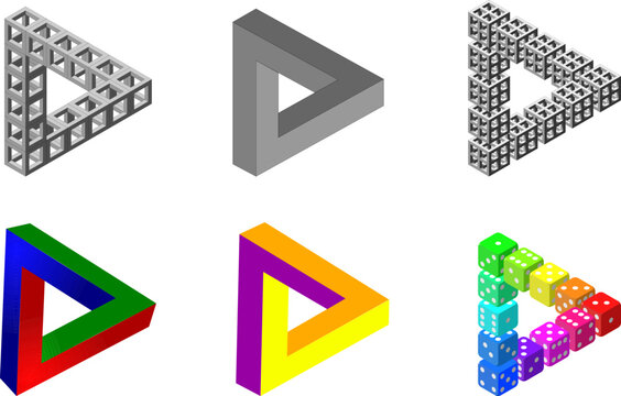 Penrose Triangle Optical Illusion Set in 3D Geometric Styles and Color Variations.