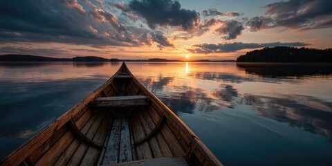A wooden boat glides across calm water, with a beautiful sunrise reflecting on the lake