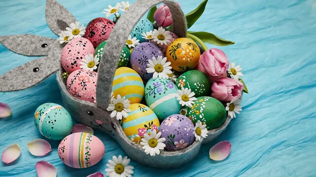 This vibrant close-up captures a beautifully arranged collection of hand-decorated eggs nestled within a whimsical, bunny-shaped felt basket. Each egg boasts unique patterns, from delicate floral desi