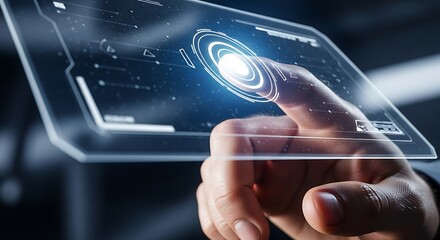 Person interacting with advanced virtual display, exploring digital interface with illuminated concentric circles, future tech