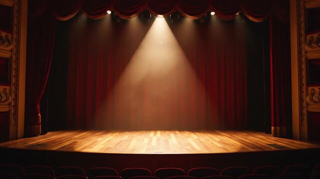 Spotlight on empty theater stage with red curtains