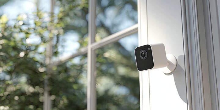 Modern white security camera mounted on a white wall near a window, soft focus background