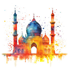 Colorful islamic mosque watercolor art isolated on white background