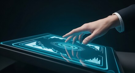 Business person hand touching luminous blue futuristic interface panel showing data charts and analytics