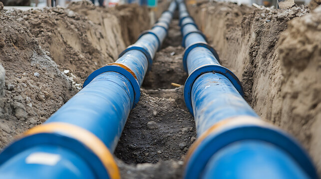 Two blue parallel pipes being installed underground in a trench, ensuring a seamless water system for the future of urban development. Strategic infrastructure.