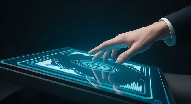 Business person hand touching luminous blue futuristic interface panel showing data charts and analytics - Powered by Adobe