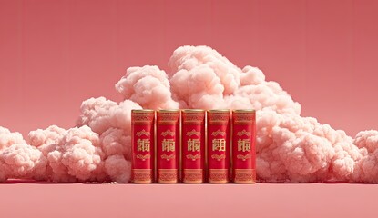 Stack of vibrant red book spines in front of a soft, fluffy cloud on a rosy background