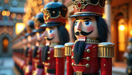 nutcracker figurines displayed in a festive setting, celebrating holiday traditions and decorations with warm lights and vibrant colors
