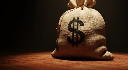 A money bag on a wooden table with a dollar sign, viewed from the front in a dimly lit environment.