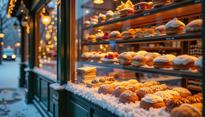 display of assorted pastries in a bakery window with festive decorations and warm lighting, ideal for culinary promotions or winter holiday advertising