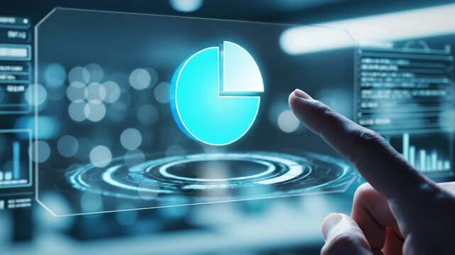 Futuristic touchscreen showing glowing pie chart hologram above digital dashboard with data visualization and interactive analytics as finger taps for futuristic fingertip control and focus