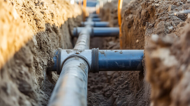View of pipes laid in a trench, ready for water or other fluid distribution. It could also be for waste and sewage or for a domestic, private or municipal drainage system.