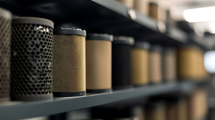 A neat row of cylindrical industrial filters sit in an orderly fashion on a shelf. The diverse colors and textures offer a visual treat for the organized mind.