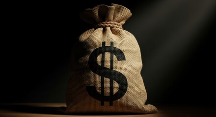 A burlap sack with a dollar sign on a wooden surface lit by a beam of light