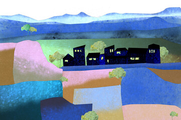 Ilustracja grafika ciemne domy wśród pół i łąk z górami na horyzoncie. © Monika