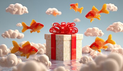 Surreal digital art of floating goldfish around a present amidst fluffy white clouds