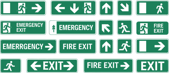 Green emergency exit signs with white and text