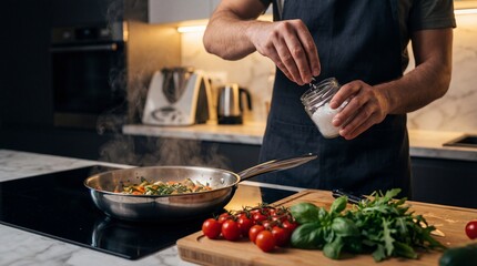 Close up of man seasoning fresh vegetables while cooking healthy meal in modern home kitchen