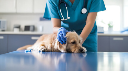 A compassionate vet in scrubs consoles a furry golden retriever patient on a blue examination table with a stethoscope. A tender moment of animal healthcare and affection.