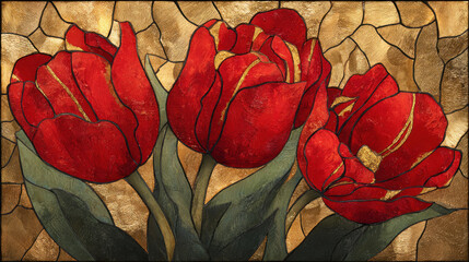 Elegant Red Tulips in Stained Glass Style with Gold Background
