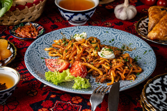 Traditional laghman noodles with meat and vegetables