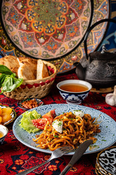 Traditional laghman noodles with meat and sauce