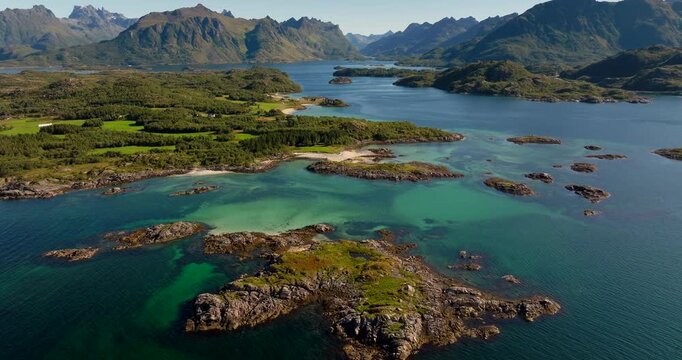 Brottoya island coastline reveals turquoise lagoons and islets Aerial
