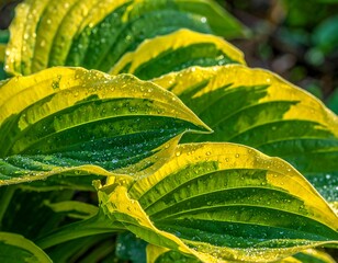 Close-up of variegated leaves with water droplets, lit by sunlight