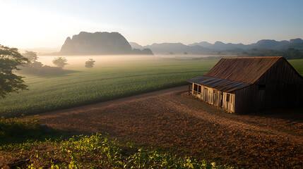 Idyllic rural landscape featuring a rustic barn nestled amidst a misty field, with distant mountains adding to the serene and picturesque atmosphere, morning light.