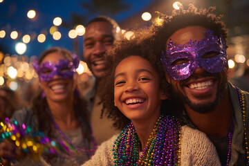 family celebrating mardi gras, multi-ethnic family celebrating mardi gras, child catching beads, joyful moment, vibrant costumes, street party at dusk