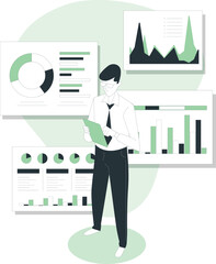 A businessman analyzing data on a digital tablet in a modern office environment with various charts and graphs displayed on screens.