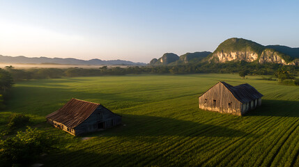 Rural serenity: Old barns stand amidst a green field, backed by majestic mountains under a clear sky. Golden light bathes the scene in warmth, evoking a sense of peace.