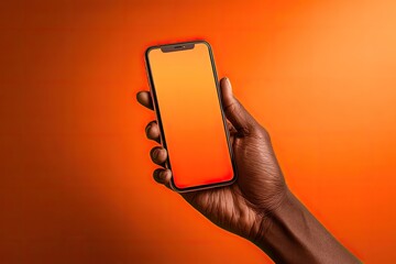 Dark hand holding smartphone with orange screen against an orange gradient background