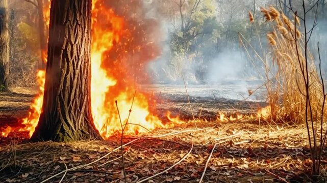 A forest fire burns intensely, creating large flames and smoke, showing the devastating impact of global warming