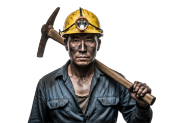 east asian miner, 50s, grime and sweat, in a blue shirt and yellow hard hat, holding a pickaxe, dramatic split-lit studio portrait on a transparent background with copy space, concept of physical