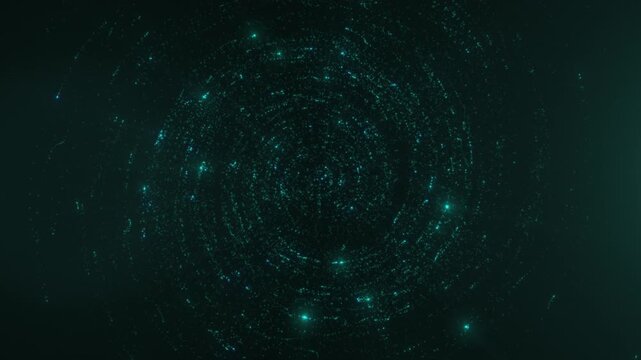 Abstract teal particle galaxy forming a circular vortex in deep space, with glowing dots and cosmic motion creating a futuristic sci-fi background.