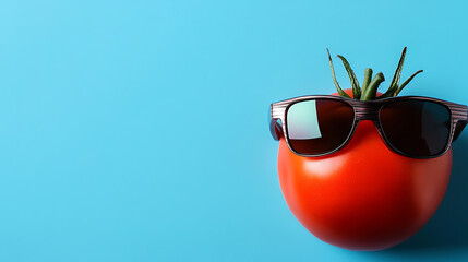 A vibrant red tomato with green stem, confidently wears sunglasses against a light blue backdrop, portraying a blend of humor and summer style. Food photography.
