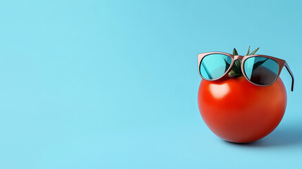 A ripe tomato sports stylish shades against a soft blue backdrop. The playful setup conveys summer vibes, healthy eating, and a touch of whimsical fun! Ready for vacation.