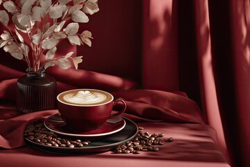 Rich, elegant scene with a latte and coffee beans on draped fabric, near vase of foliage