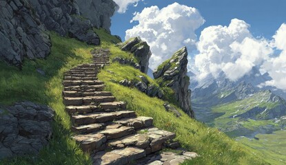 Stone steps ascend a green, mountainous slope towards fluffy clouds and a vast valley