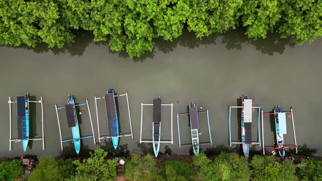 Top down aerial view of mangrove wetlands in Bali featuring calm river water bordered by lush green forest and traditional wooden fishing vessels moored along the riverbank.