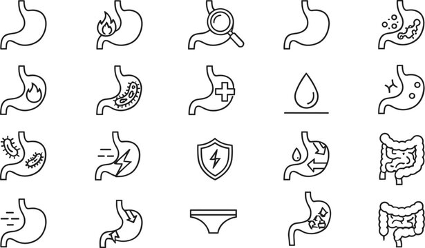 Complete stomach health and digestion line icons set featuring gastrointestinal tract anatomy acid reflux bloating bacterial infection and healthy digestion medical symbols