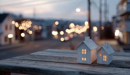Wooden miniature houses with illuminated windows sit on a weathered table against a blurred cityscape