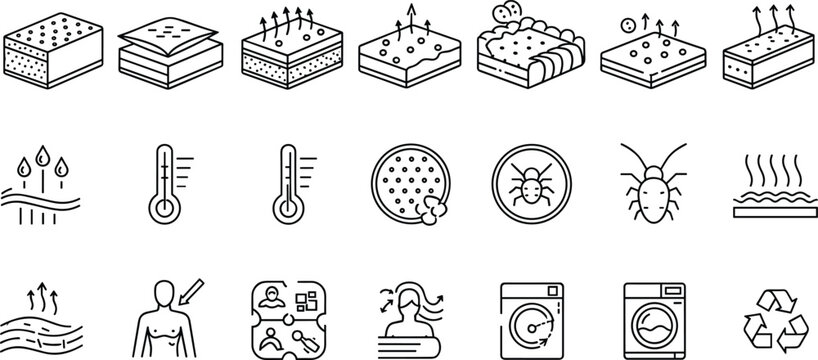 Complete mattress technology and sleep comfort line icons featuring breathable fabric layers orthopedic support temperature control bed bugs protection and laundry symbols