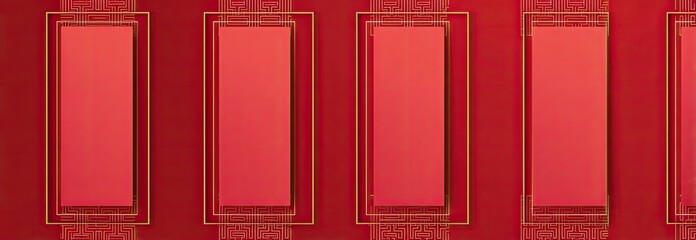 Close-up of several rectangular shapes in red with gold borders, arranged horizontally