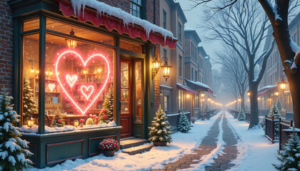 cozy shop decorated with heart-shaped neon lights in a snowy street, illuminated by lanterns, ideal for holiday marketing or seasonal promotions